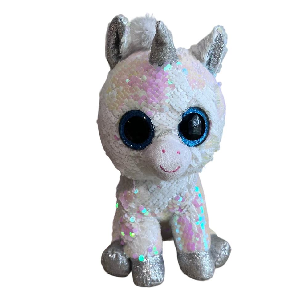 TY Diamond Beanie Boo Medium 10" Unicorn Flippable Sequin white silver